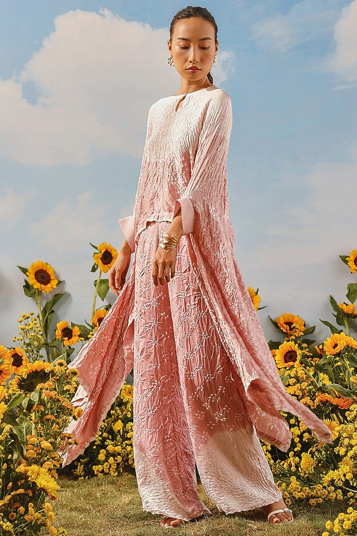 Blush Gajji Silk Bandhani Flared Pants by Twenty Nine at Pernia's Pop Up Shop