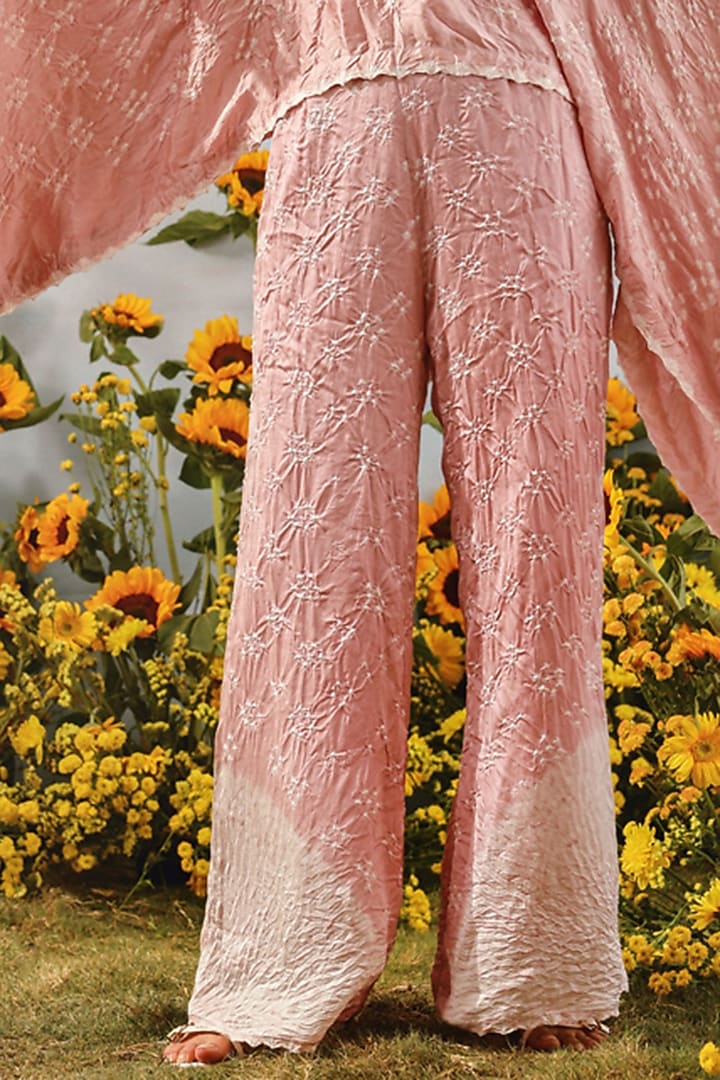 Blush Gajji Silk Bandhani Flared Pants by Twenty Nine at Pernia's Pop Up Shop