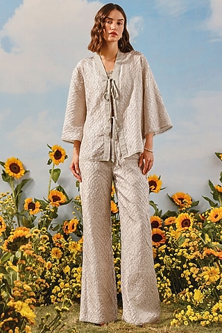 Mouse-Colored Silk Bandhani Pants by Twenty Nine