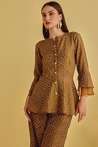 Mocha-Colored Silk Bandhani Peplum Top by Twenty Nine