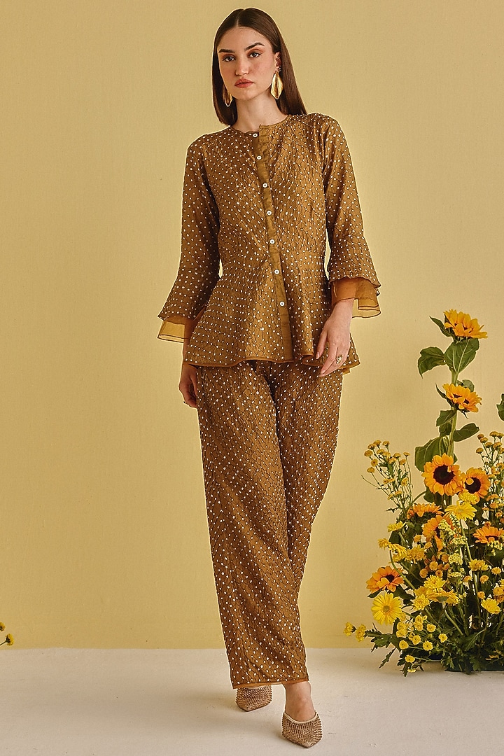 Mocha-Colored Silk Bandhani Peplum Top by Twenty Nine at Pernia's Pop Up Shop