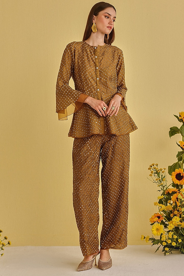 Mocha-Colored Silk Bandhani Peplum Top by Twenty Nine at Pernia's Pop Up Shop