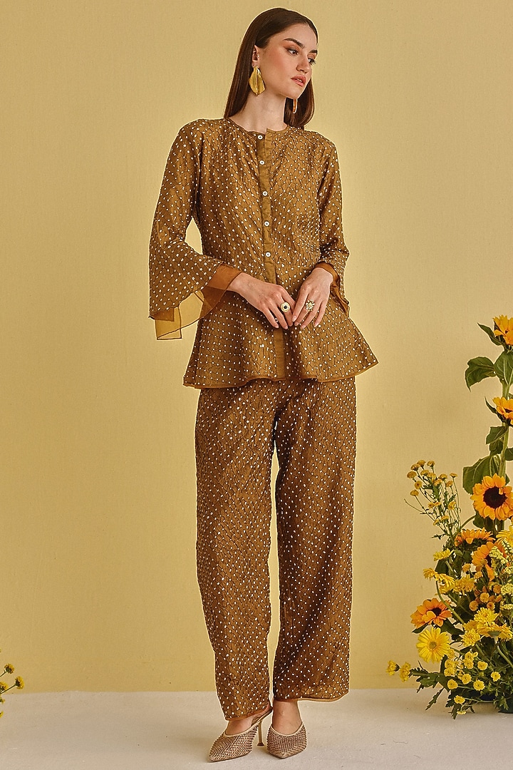 Mocha-Colored Silk Bandhani Pants by Twenty Nine at Pernia's Pop Up Shop