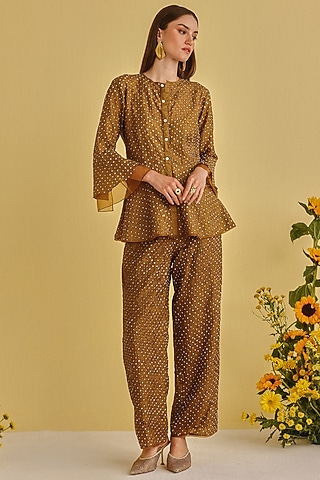 Mocha-Colored Silk Bandhani Pants by Twenty Nine