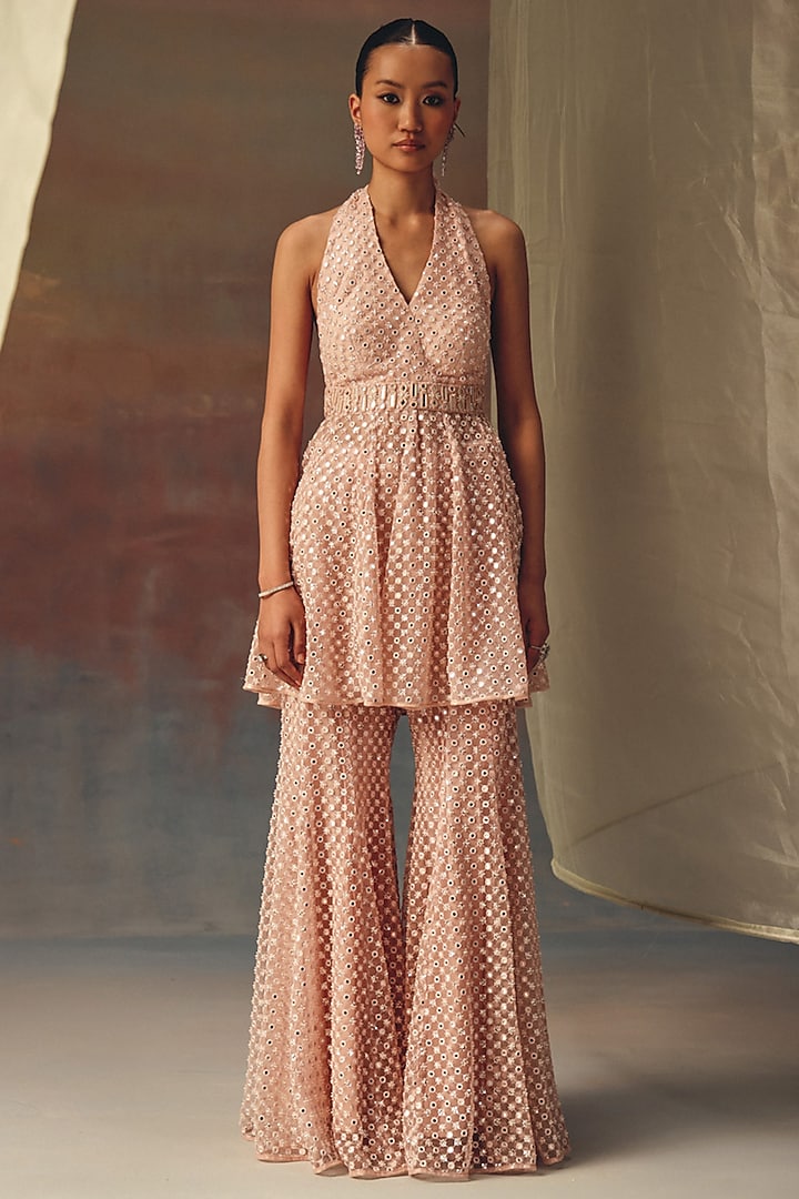 Blush Pink Soft Net Mirror Work Halter Top by Twenty Nine at Pernia's Pop Up Shop