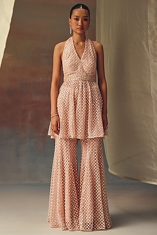 Blush Pink Soft Net Mirror Work Halter Top by Twenty Nine