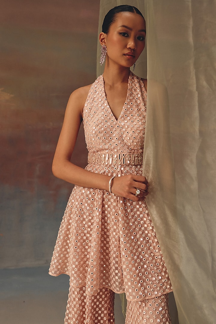 Blush Pink Soft Net Mirror Work Halter Top by Twenty Nine at Pernia's Pop Up Shop