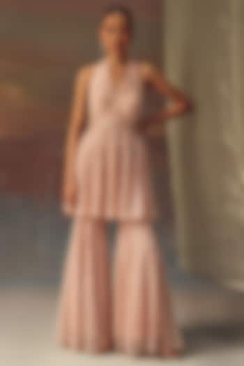 Blush Pink Soft Net Mirror Work Boot-Cut Pants by Twenty Nine at Pernia's Pop Up Shop