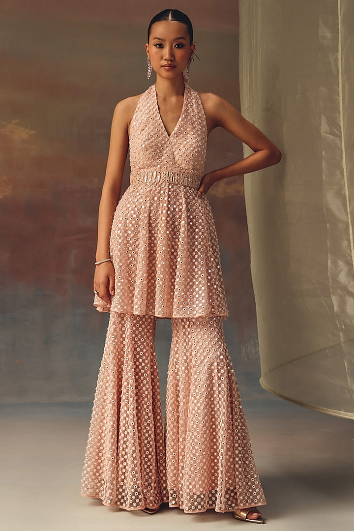 Blush Pink Soft Net Mirror Work Boot-Cut Pants by Twenty Nine at Pernia's Pop Up Shop