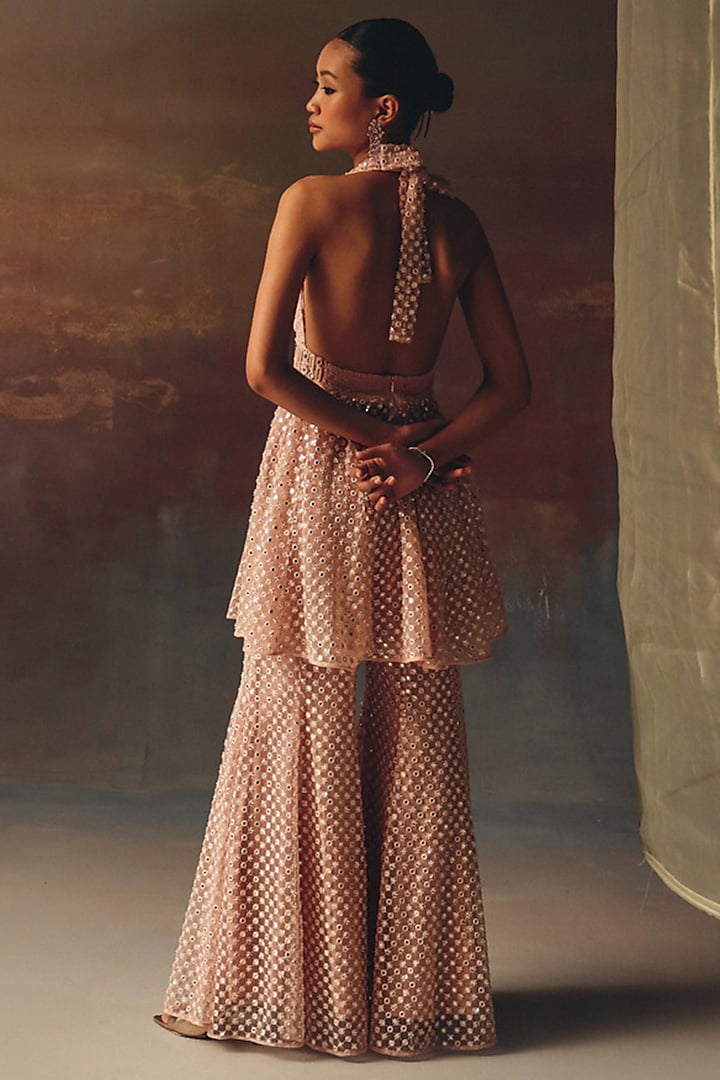 Blush Pink Soft Net Mirror Work Boot-Cut Pants by Twenty Nine at Pernia's Pop Up Shop