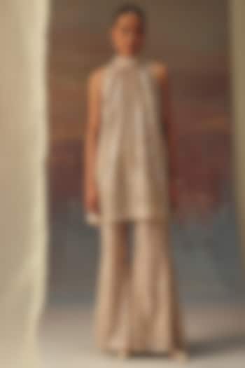 Golden Soft Net Mirror Work Bell-Bottom Pants by Twenty Nine at Pernia's Pop Up Shop