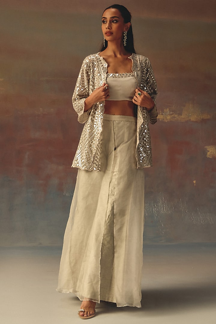 Silver Georgette Mirror Work Jacket by Twenty Nine at Pernia's Pop Up Shop