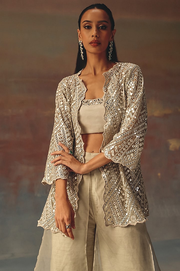 Silver Georgette Mirror Work Jacket by Twenty Nine at Pernia's Pop Up Shop