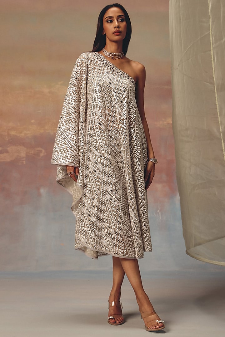 Silver Georgette Mirror Work One-Shoulder Vacation Dress by Twenty Nine at Pernia's Pop Up Shop