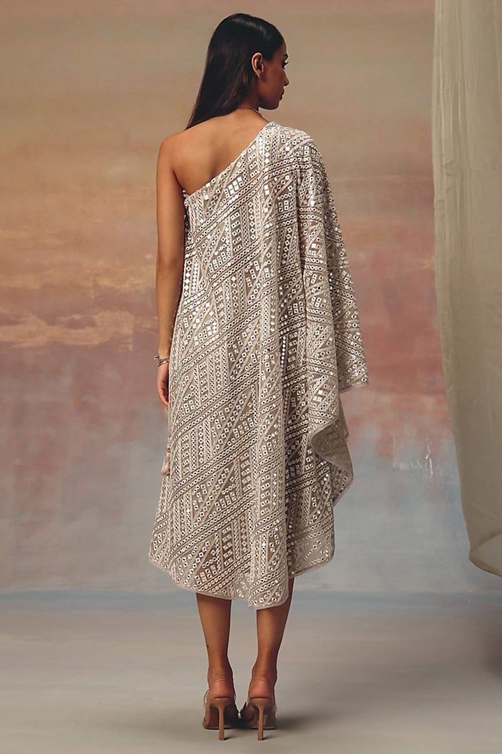 Silver Georgette Mirror Work One-Shoulder Vacation Dress by Twenty Nine at Pernia's Pop Up Shop