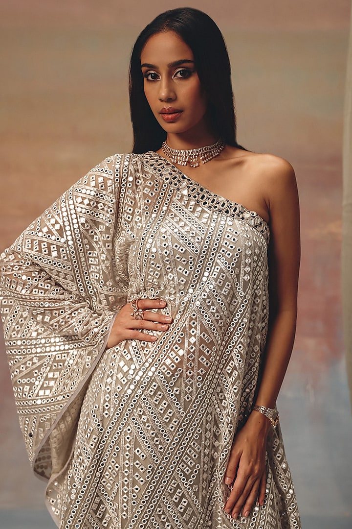 Silver Georgette Mirror Work One-Shoulder Vacation Dress by Twenty Nine at Pernia's Pop Up Shop