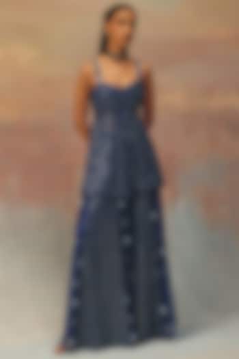 Blue Soft Net Mirror Work Strappy Peplum Top by Twenty Nine at Pernia's Pop Up Shop