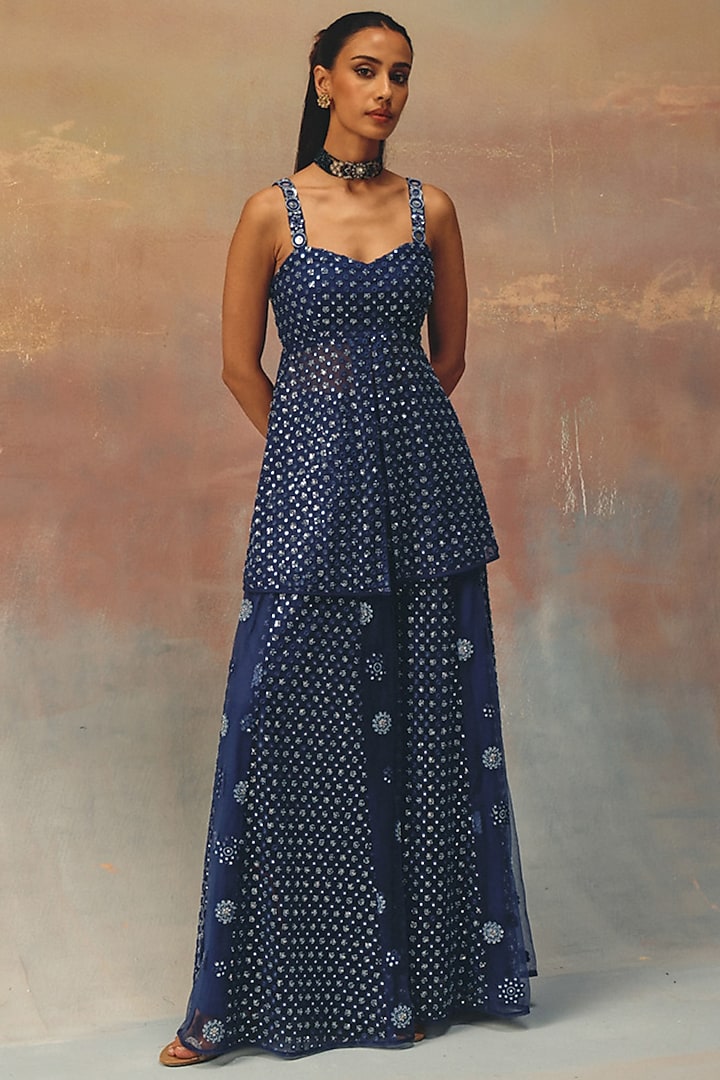 Blue Soft Net Mirror Work Strappy Peplum Top by Twenty Nine at Pernia's Pop Up Shop