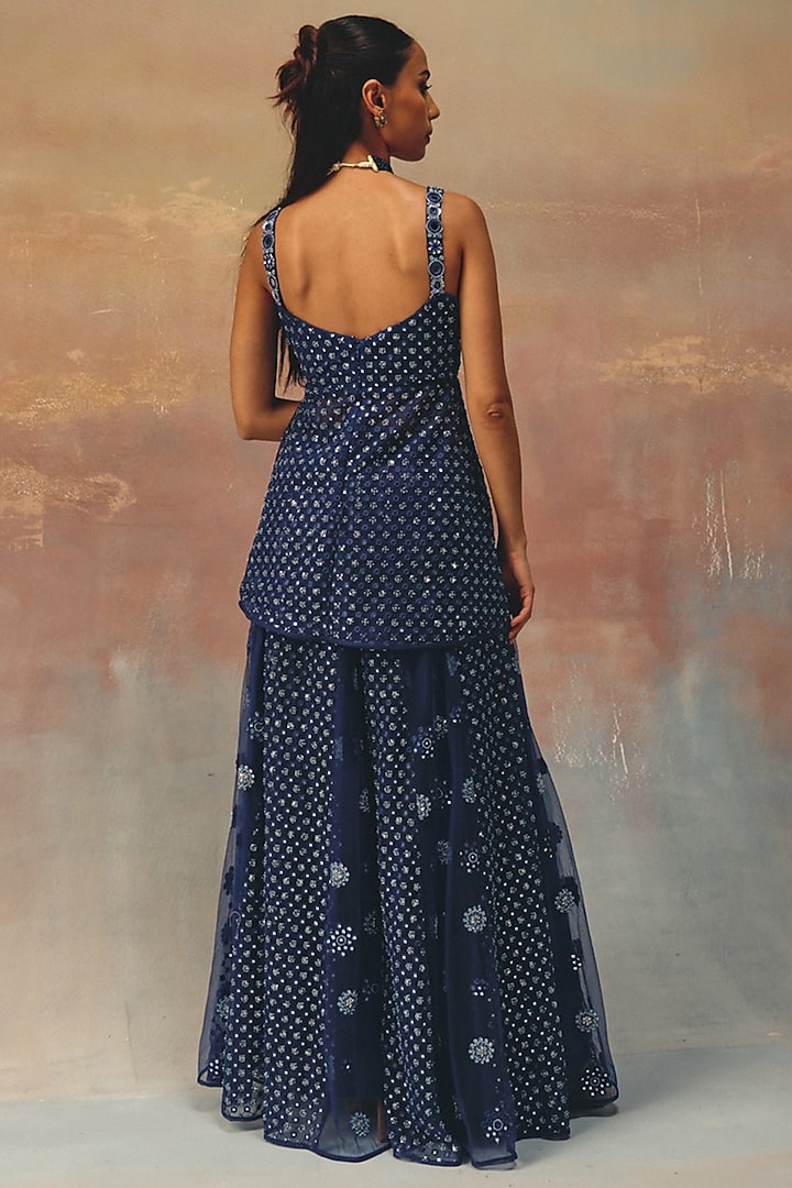 Blue Soft Net Mirror Work Strappy Peplum Top by Twenty Nine at Pernia's Pop Up Shop