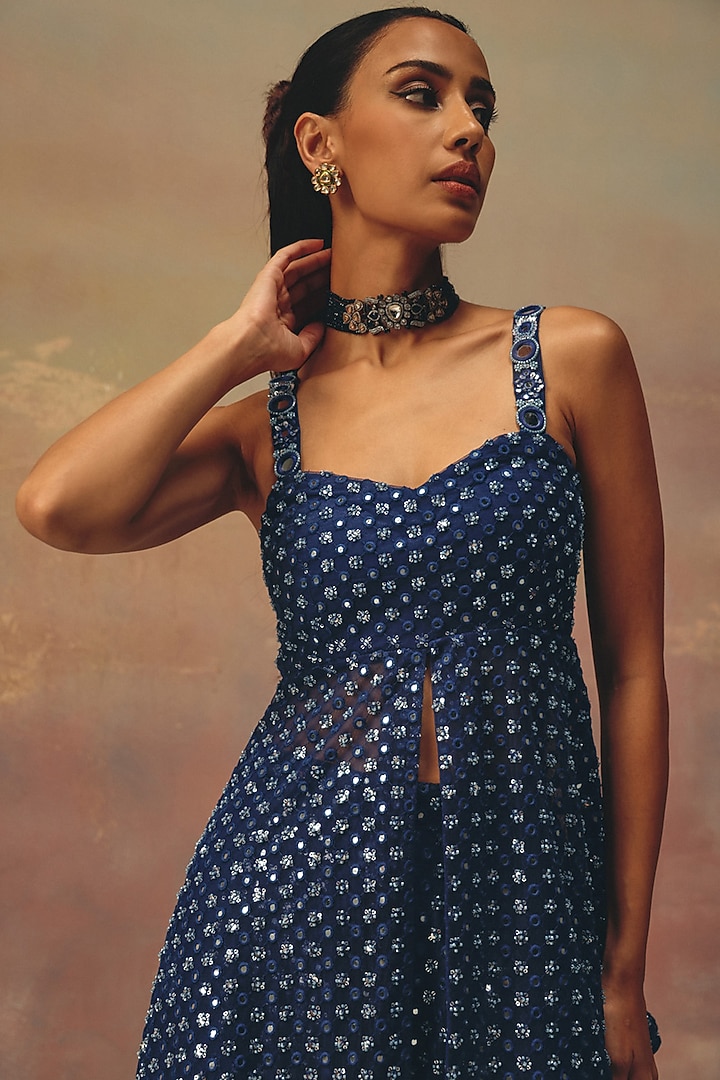 Blue Soft Net Mirror Work Strappy Peplum Top by Twenty Nine at Pernia's Pop Up Shop