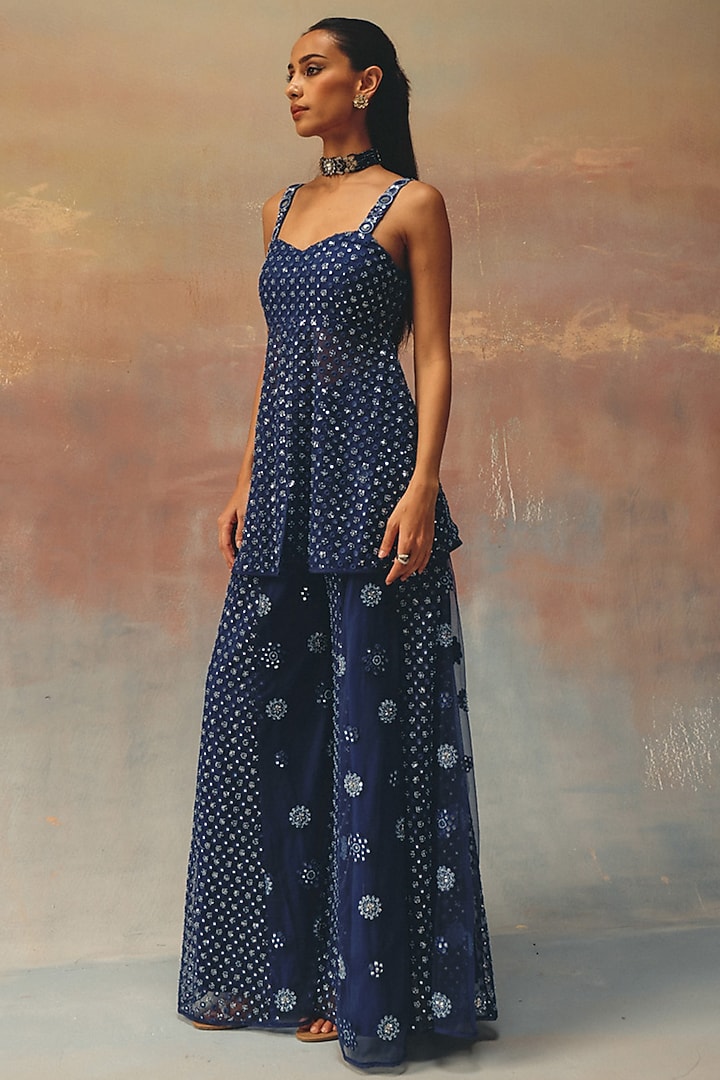Blue Soft Net Mirror Work Flared Sharara Pant by Twenty Nine at Pernia's Pop Up Shop