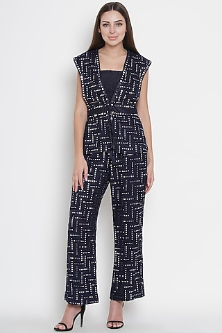 Navy Blue Embroidered Panelled Jacket by Twenty Nine