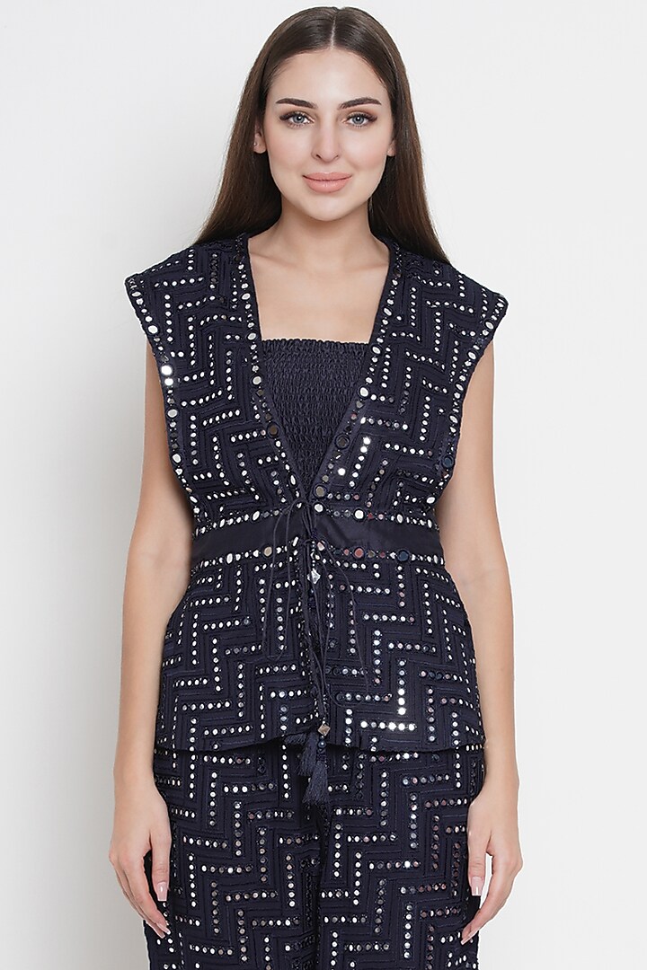 Navy Blue Embroidered Panelled Jacket by Twenty Nine at Pernia's Pop Up Shop