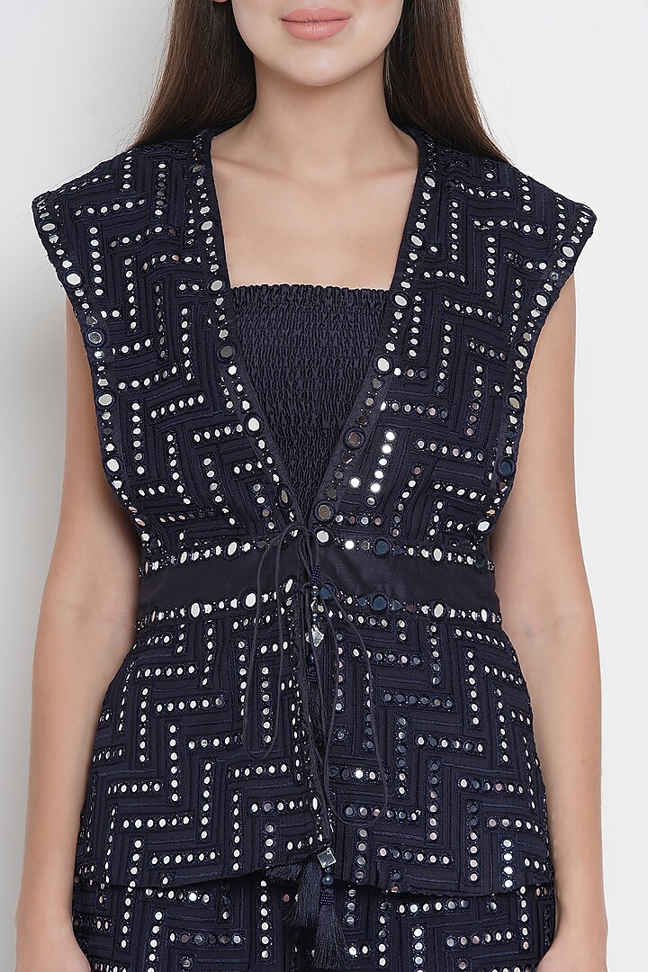 Navy Blue Embroidered Panelled Jacket by Twenty Nine at Pernia's Pop Up Shop