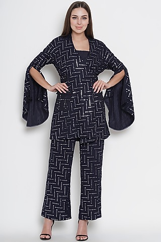 Navy Blue Embroidered Wrap Over Jacket by Twenty Nine