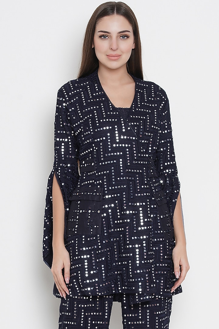 Navy Blue Embroidered Wrap Over Jacket by Twenty Nine at Pernia's Pop Up Shop