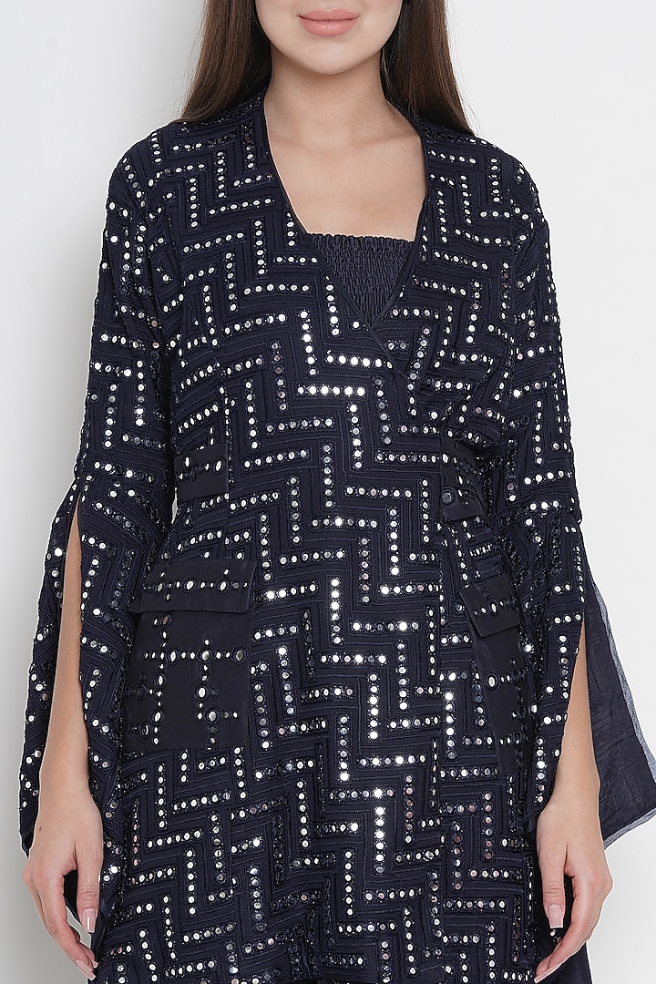 Navy Blue Embroidered Wrap Over Jacket by Twenty Nine at Pernia's Pop Up Shop