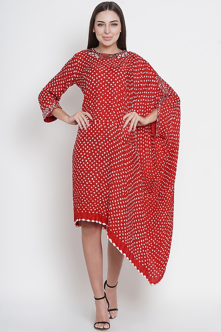 Red Bandhani Embroidered Cape Tunic by Twenty Nine