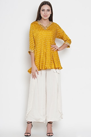 Yellow Embroidered Asymmetric Top by Twenty Nine