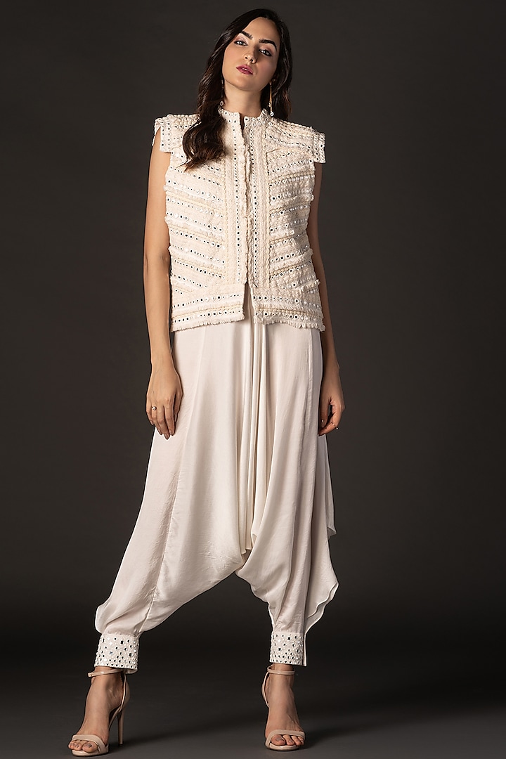 White Embroidered Poncho Dhoti Pants by Twenty Nine