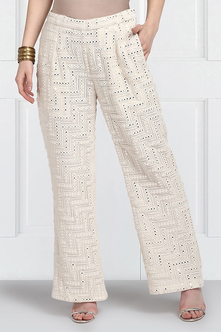 White Embroidered Palazzo Pants by Twenty Nine at Pernia's Pop Up Shop