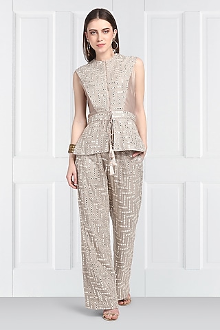 Grey Embroidered Palazzo Pants by Twenty Nine