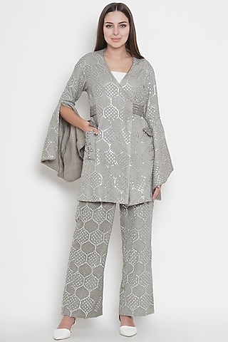 Grey Lucknowi Embroidered Palazzo Pants by Twenty Nine