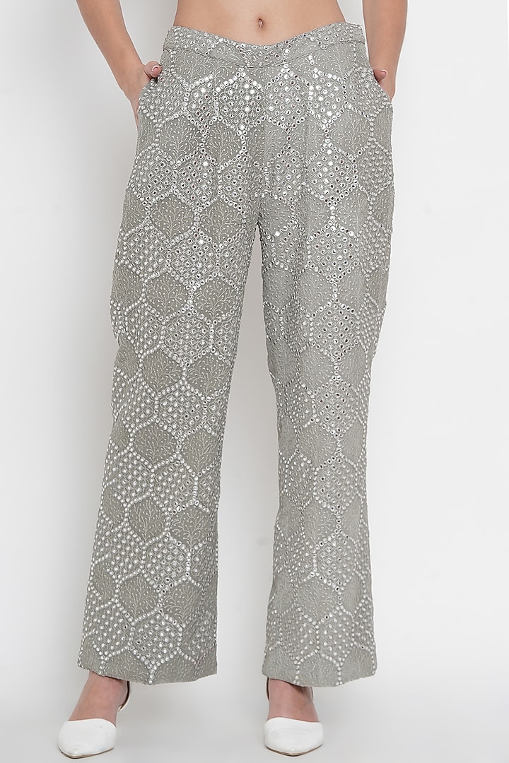 Grey Lucknowi Embroidered Palazzo Pants by Twenty Nine at Pernia's Pop Up Shop