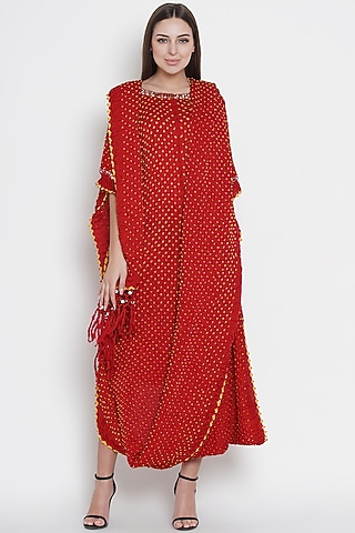 Red Embroidered Draped Tunic by Twenty Nine