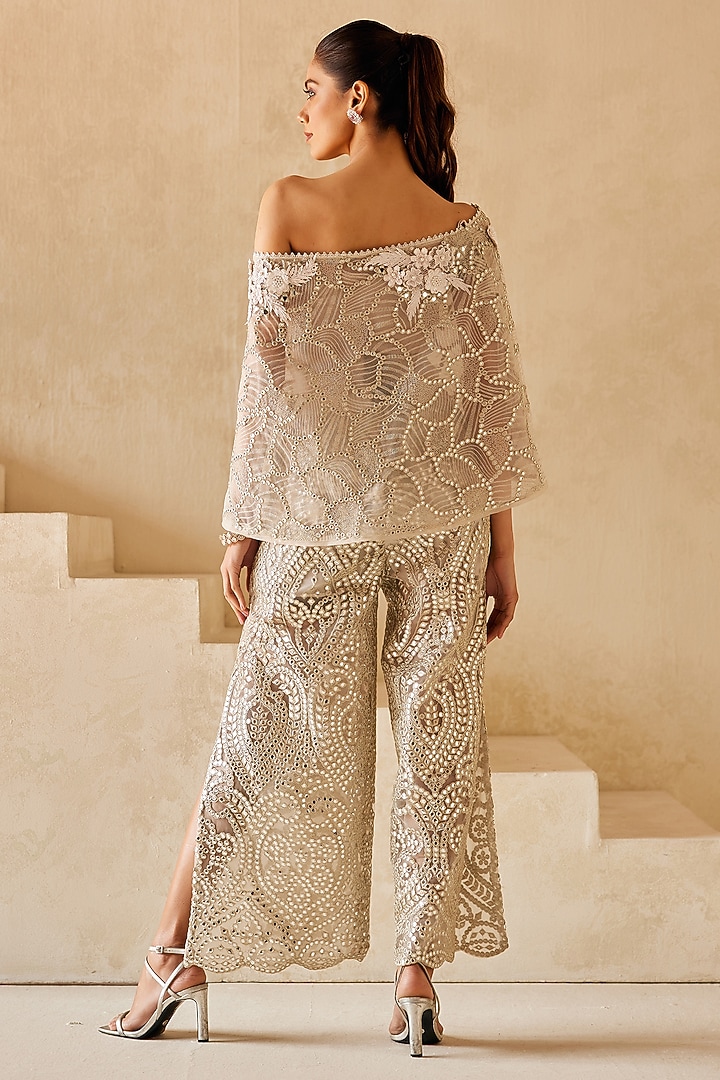 Silver Net Mirror Embellished Cape Set by Twenty Nine at Pernia's Pop Up Shop