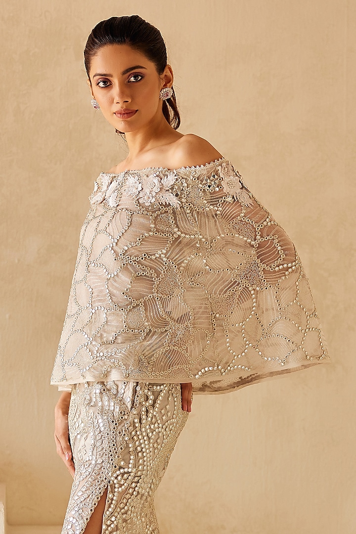 Silver Net Mirror Embellished Cape Set by Twenty Nine at Pernia's Pop Up Shop