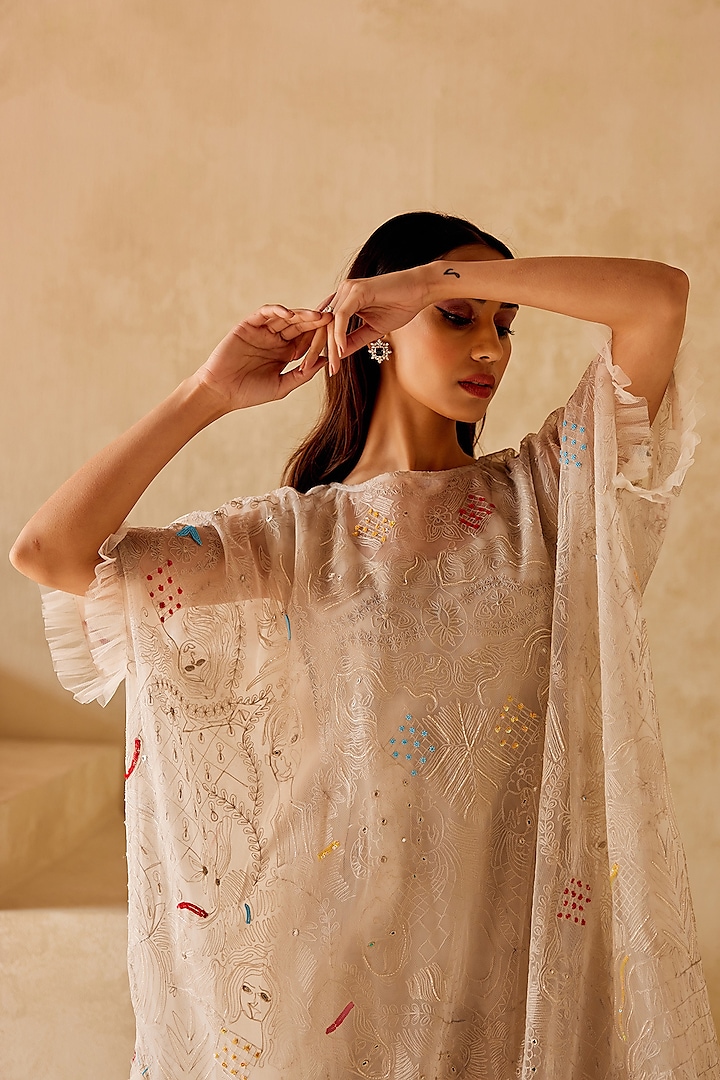 Ivory Net Mirror Work Kaftan by Twenty Nine at Pernia's Pop Up Shop