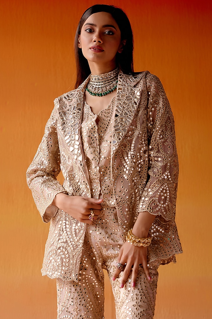 Blush Pink Tissue Mirror Work Jacket by Twenty Nine at Pernia's Pop Up Shop