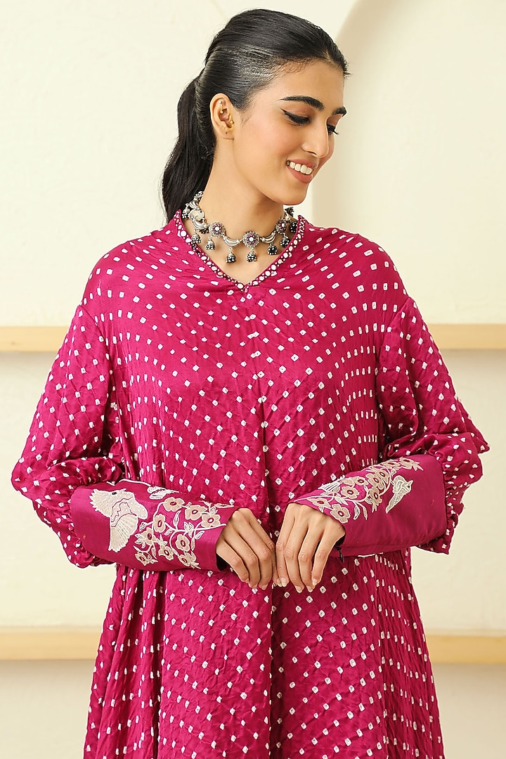 Pink Bandhani Silk Asymmetrical Tunic by Twenty Nine at Pernia's Pop Up Shop