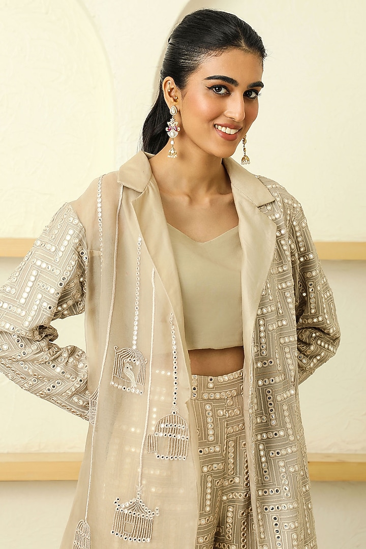 Beige Jacket Set With Mirror Work by Twenty Nine at Pernia's Pop Up Shop