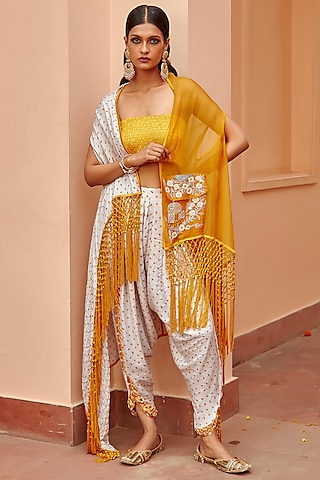 White & Mustard Gajji Silk Bandhani Dhoti Set by Twenty Nine