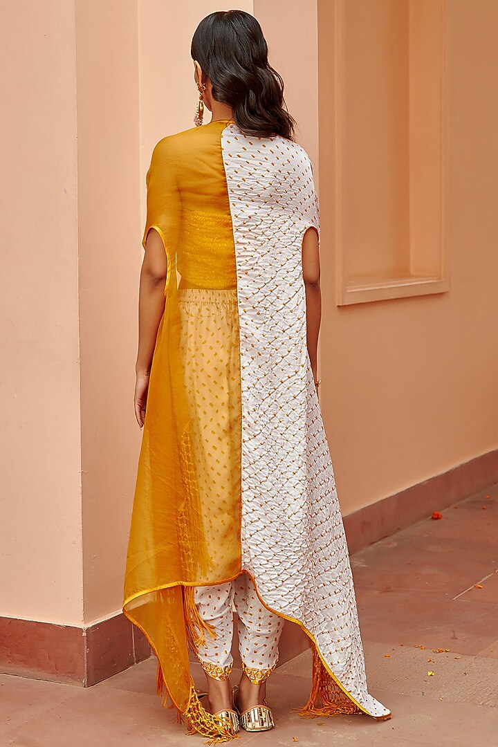 White & Mustard Gajji Silk Bandhani Dhoti Set by Twenty Nine at Pernia's Pop Up Shop