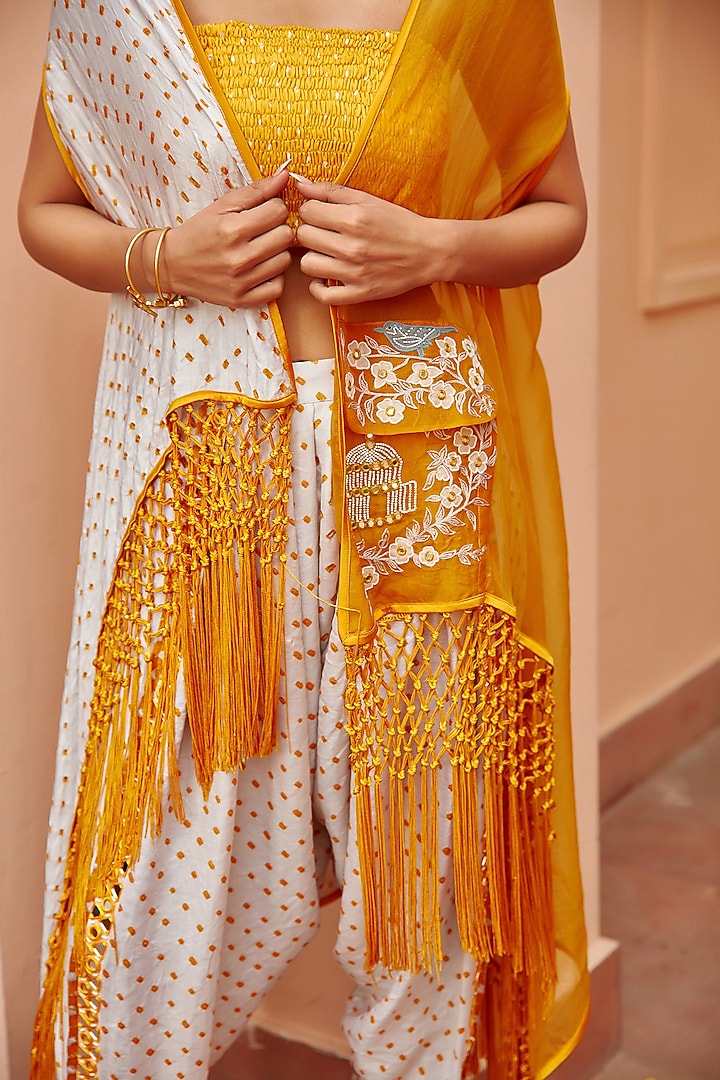 White & Mustard Gajji Silk Bandhani Dhoti Set by Twenty Nine at Pernia's Pop Up Shop