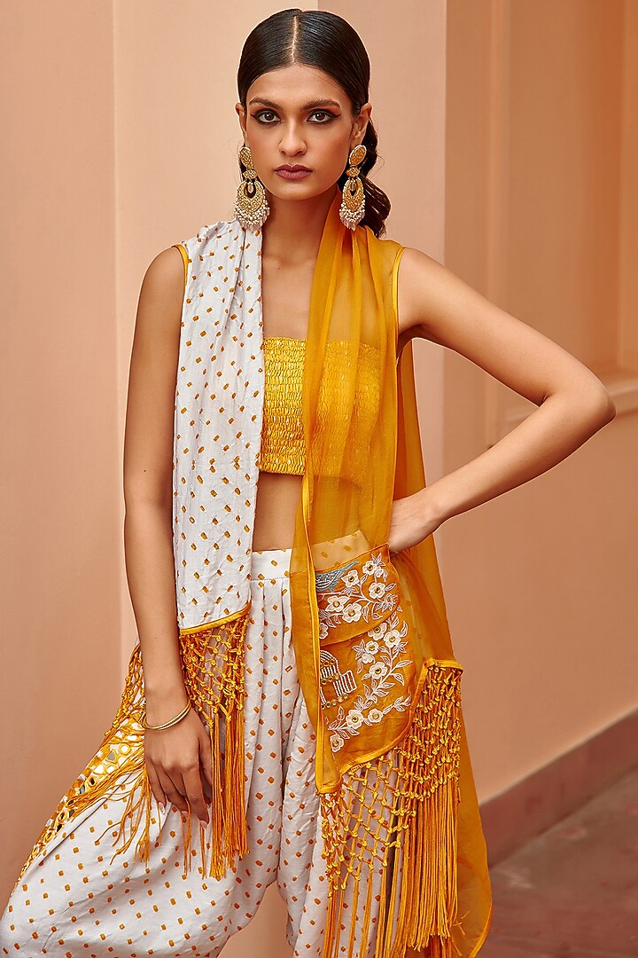 White & Mustard Gajji Silk Bandhani Dhoti Set by Twenty Nine at Pernia's Pop Up Shop