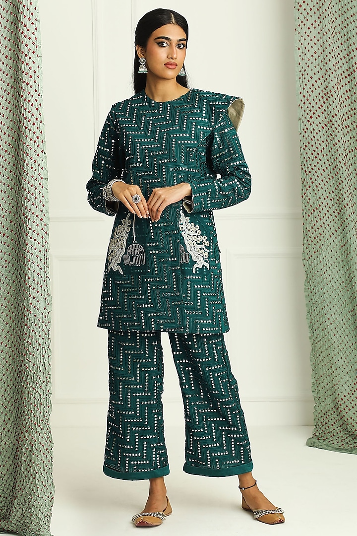 Emerald Green Embroidered Turnover Pants by Twenty Nine